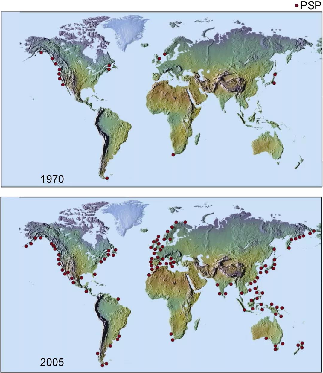 图2 1970年到2005年麻痹性贝类毒素(psp)分布在全球扩展情况(anderson